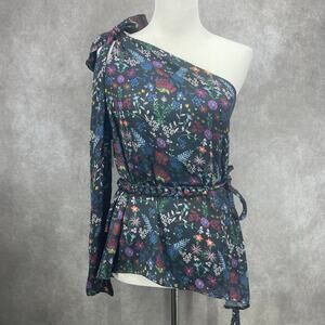 Kleid for Her Salwa Blouse Womens XS One-Shoulder Blk Floral Top w/Braided Belt